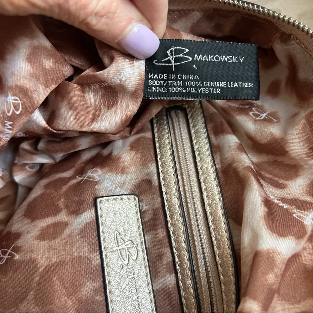 B.Makowsky Champagne Metallic Satchel Leather Crossbody Bag